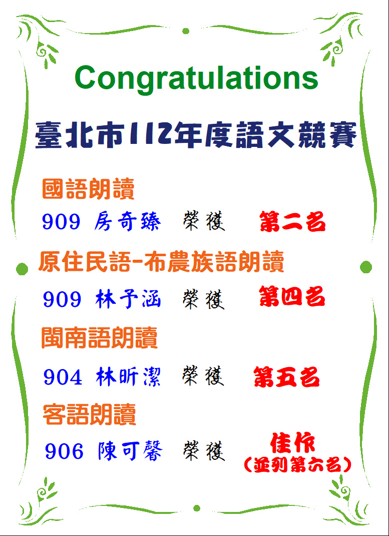 賀！本校參加「臺北市112年度語文競賽中等學校學生組」榮獲佳績！全體師生同賀！